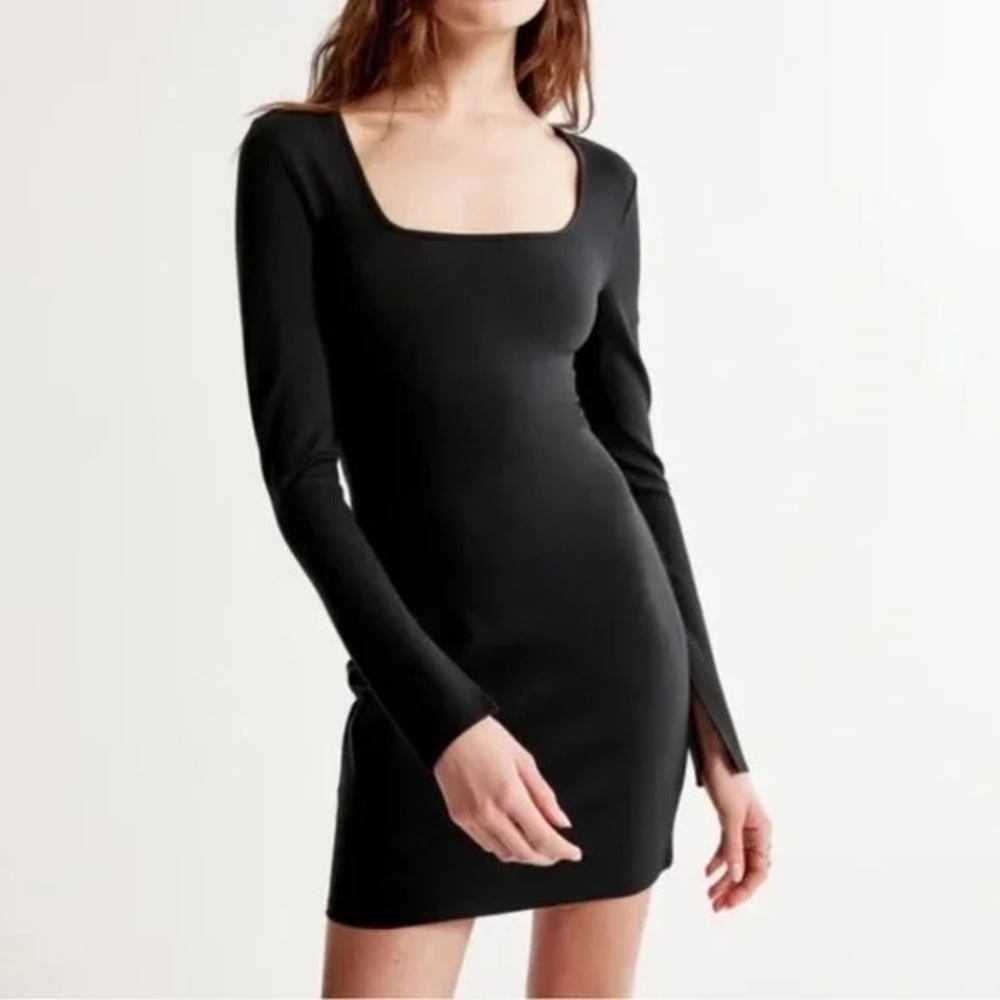 Split-Cuff Ponte Squareneck Mini Dress